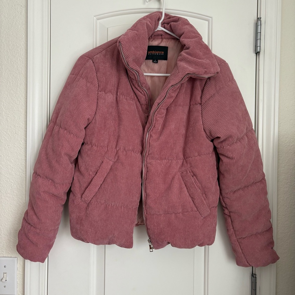 Ambiance Outerwear Women’s Pink Corduroy Puffer Zip Up Jacket - Size S